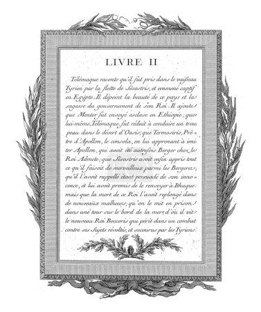 Photo for Framed French text with an owl and olive branches, Jean-Baptiste Tilliard, 1785 Eighteen-line French text, titled 'Livre II' with an image of an owl below. - Royalty Free Image