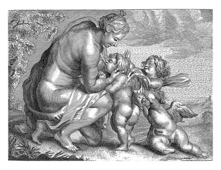 Photo for Venus suckling three Amors, Cornelis Galle (II), after Cornelis Galle (I), after Peter Paul Rubens, c. 1610 - c. 1700 Venus kneels on the ground and suckles Amor. - Royalty Free Image