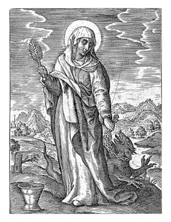 Photo for Saint Martha of Bethany, Johannes Wierix, 1559 - before 1585 Landscape with Saint Martha of Bethany. She holds a dragon on a chain and a holy water brush in her hand. - Royalty Free Image