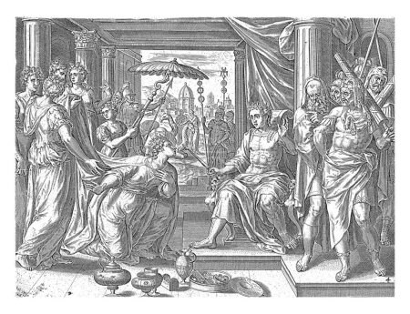 Photo for Solomon receives the Queen of Seba, Hans Collaert (I) (attributed to), after Jan Snellinck (I), 1643 The Queen of Seba kneels before Solomon's throne. Behind her is her retinue. - Royalty Free Image