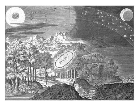 Téléchargez les photos : Création du Soleil, de la Lune et des Étoiles, Johann Sadeler (I), d'après Maerten de Vos, 1639 Dans un paysage, Dieu le Père flotte dans les airs sous la forme d'un tétragramme. - en image libre de droit