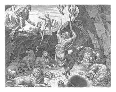 Téléchargez les photos : Daniel est libéré de la fosse aux lions, Philips Galle, après Maarten van Heemskerck, 1565 - 1678 Le roi trouve Daniel vivant dans la fosse aux lions après sept jours et le fait tirer avec des cordes. - en image libre de droit