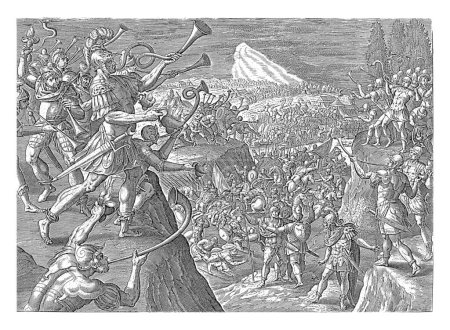 Foto de Gedeón invade a los madianitas, Maerten de Vos, 1585 Gedeón y sus hombres atacan a los madianitas. Alrededor del campamento, los hombres de Gedeón tocan cuernos de carneros. En sus manos sostienen cántaros de agua con antorchas. - Imagen libre de derechos