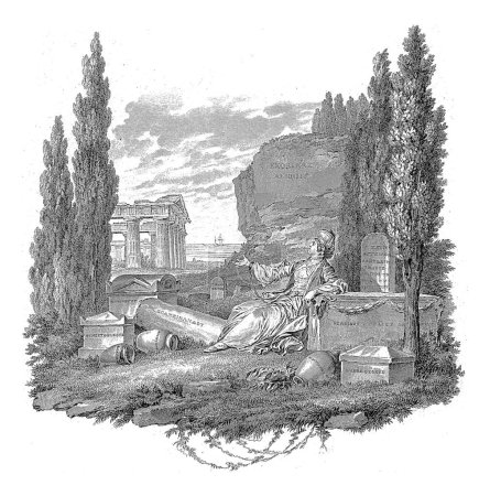 Foto de Paisaje costero con ruinas y una representación alegórica de Grecia como una mujer encadenada en un cementerio, Charles Nicolas Varin, después de Jean Michel Moreau, 1782 - Imagen libre de derechos