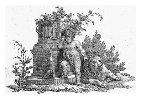 Foto de Llorando putto en una columna en ruinas, Reinier Vinkeles (I), 1751 - 1816 Llorando putto con un león encadenado en una columna en ruinas. Alrededor de la columna una serpiente mordiendo su propia cola, un símbolo para la eternidad. - Imagen libre de derechos
