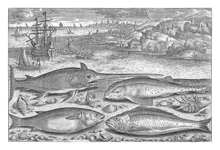 Foto de Cuatro peces en la playa, Adriaen Collaert, 1627 - 1636 Un pez espada, un salmonete, un tiburón gato y un weever se lavan en la playa junto con algunas conchas. - Imagen libre de derechos