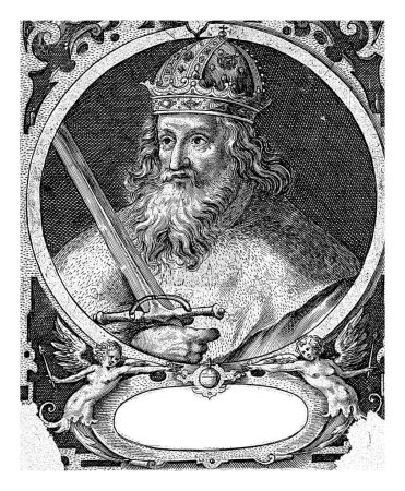 Foto de Carlomagno como uno de los nueve héroes, Crispijn van de Passe (I), 1574 - 1637 El héroe cristiano Carlomagno. Busto encerrado en un medallón con un cartucho con su nombre debajo. - Imagen libre de derechos