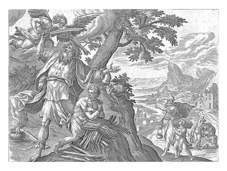 Foto de Sacrificio de Isaac, Adriaen Collaert (atribuido a), después de Maerten de Vos, 1643 Abraham levanta su cuchillo para sacrificar a su hijo Isaac, pero un ángel lo detiene. - Imagen libre de derechos