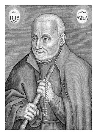 Foto de Retrato del jesuita Bernardin Realini, Hieronymus Wierix, 1616 - 1619 Sostiene un rosario y un palo en las manos. Arriba a la izquierda el emblema de los jesuitas, arriba a la derecha un monograma con las letras MRA. - Imagen libre de derechos