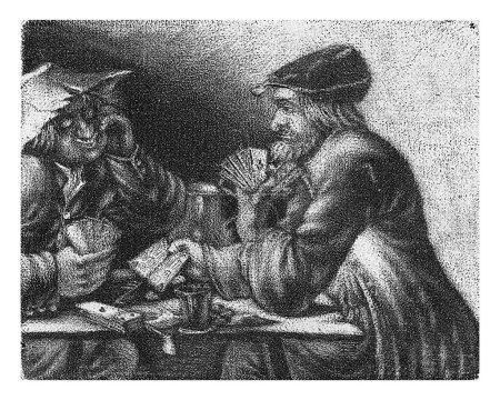Téléchargez les photos : Hommes jouant aux cartes, Jacobus Harrewijn, 1690 The Face. Deux hommes jouent à un jeu de cartes. L'empreinte fait partie d'une série de cinq empreintes avec les cinq sens. - en image libre de droit