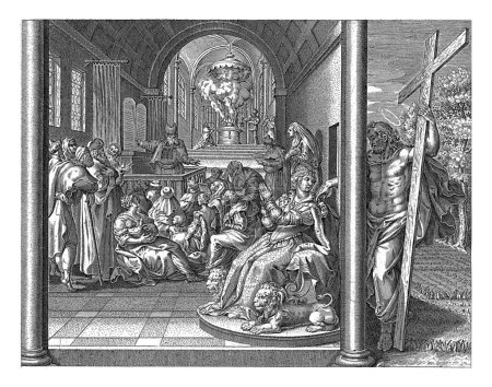 Photo for Christ touches his bride, Johann Sadeler (I), after Maerten de Vos, 1643 The Bride of Christ (the Church) sits on a throne in a temple. Christ stands with his cross outside in a garden. - Royalty Free Image