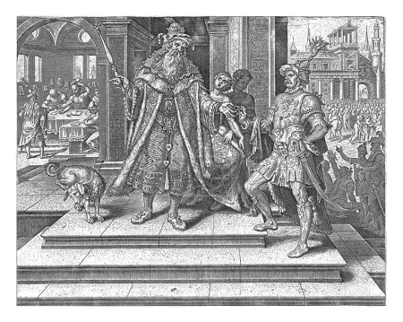 Foto de Asuero da permiso a Amán para exterminar a los judíos, Philips Galle, 1564 Asuero se levanta en una escalera frente a su palacio y entrega a su más alto funcionario Amán un anillo de plata. - Imagen libre de derechos