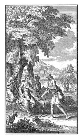 Foto de Reunión de pastores y pastores, Andries van Buysen (Sr.), 1723 Tres pastoras están descansando bajo un árbol. Leen cartas. Un joven pastor camina por el camino y tiene una charla con ellos. - Imagen libre de derechos