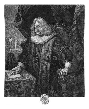 Photo for Portrait of Johann Schulte, Pieter van den Berge, 1691 Portrait of Johann Schulte at the age of 70. He stands in front of a chair at a desk and points to a book. - Royalty Free Image