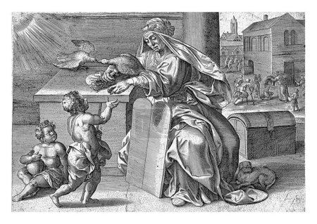Photo for Allegory of Grace, Johannes Wierix, after Ambrosius Francken (I), 1559 - before 1580 The female personification of Grace (Beneficentia) hands over money to two children. - Royalty Free Image
