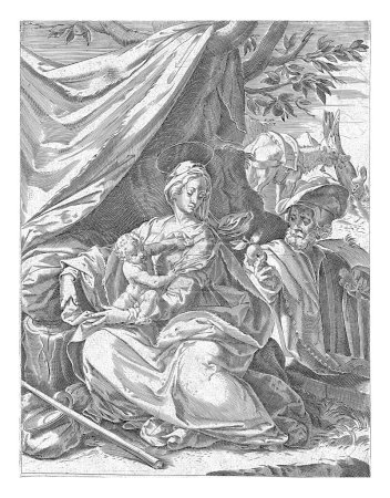 Photo for Rest on the Flight into Egypt, Agostino Carracci, after Bernardino Passeri, 1567 - 1602 The Holy Family is resting in front of a cloth draped over tree branches. - Royalty Free Image