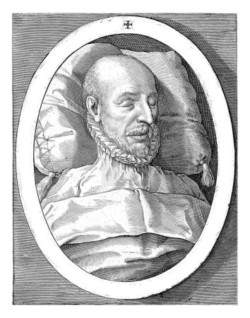 Téléchargez les photos : Portrait de François Hotman, Crispijn van de Passe (I), d'après Joos van Winghe, 1590 Portrait du juriste français François Hotman couché en état, à l'âge de 65 ans. - en image libre de droit