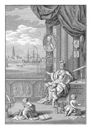 Téléchargez les photos : Allégorie avec Minerve, Jacob van der Schley, d'après H. Nieuwenhuysen, 1751 - 1779 Minerve se trouve avec trois putti sur une terrasse donnant sur une large rivière avec des bateaux et une ville. - en image libre de droit