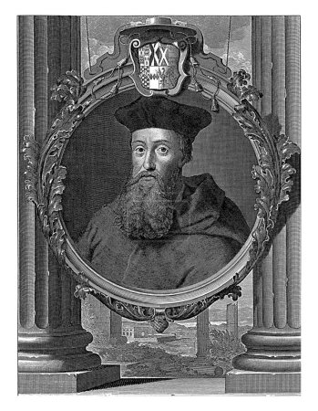 Téléchargez les photos : Portrait du cardinal Reginald Pole, Pieter van Gunst, d'après Adriaen van der Werff, vers 1669 - 1731, cardinal Reginald Pole, archevêque de Canterbury. Au-dessus du portrait ses armoiries. - en image libre de droit