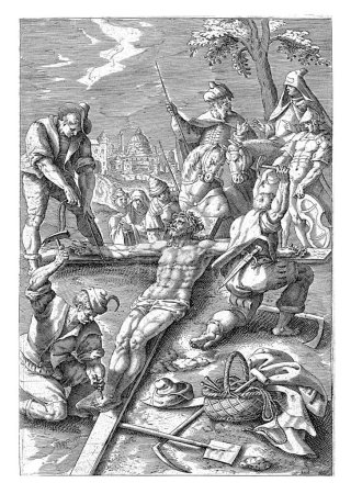 Téléchargez les photos : Le Christ est cloué à la croix, Pieter de Jode (I), après Maerten de Vos, 1590 - 1632 Le Christ est cloué à la croix. Au premier plan un panier avec corde, clous et un marteau. - en image libre de droit
