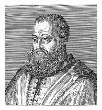 Téléchargez les photos : Portrait de Pietro Paolo Vergerio, Hendrick Hondius (I), 1599 Buste à gauche de Pietro Paolo Vergerio. Sous le portrait se trouvent son nom et quatre lignes en latin. - en image libre de droit