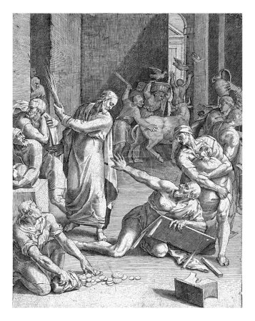 Téléchargez les photos : Christ expulse les changeurs du temple, Cornelis Cort, après Federico Zuccaro, après 1568 - avant 1676 Christ chasse les marchands du temple avec un paquet de fagots. - en image libre de droit