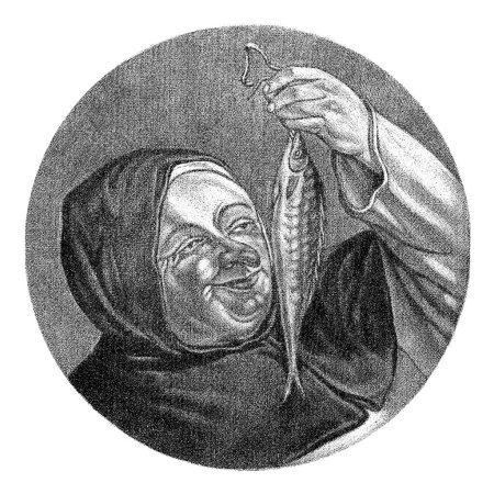 Téléchargez les photos : Moine avec un maquereau, Jacob Gole, d'après Cornelis Dusart, 1693-1700 Un moine tient un maquereau devant son nez. L'estampe fait partie d'une série de caricatures du clergé français sous Louis XIV. - en image libre de droit