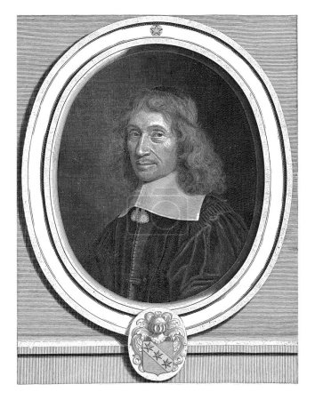 Téléchargez les photos : Portrait de Jean Dorieu, Robert Nanteuil, 1660 Portrait du magistrat Jean Dorieu dans un cadre ovale avec texte. Au fond un blason. - en image libre de droit