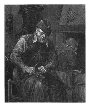 Photo for Portrait of Jean Logne, Jacob Gole, 1670 - 1724 In a room, the cobbler Jean Logne repairs a shoe. Behind him is a woman by the fireplace. - Royalty Free Image