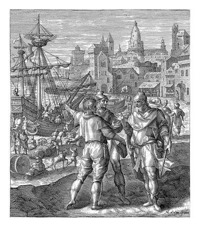 Foto de Jonás en el puerto de Joppa, Crispijn van de Passe (I), después de Maerten de Vos, 1574 - 1637 Jonás en conversación en el puerto de Joppa. Señala el barco con el que quiere huir.. - Imagen libre de derechos