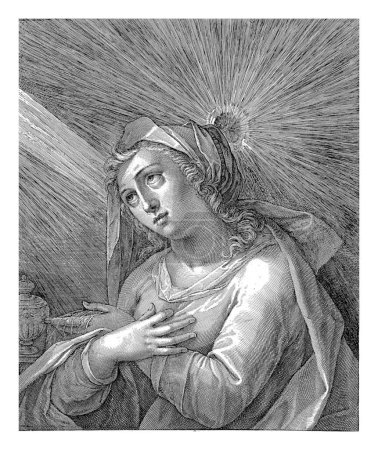 Foto de María Magdalena, Crispijn van de Passe (I), después de Gortzius Geldorp, 1612 Busto de María Magdalena. Cruza los brazos frente a su cuerpo y señala su frasco de ungüento. - Imagen libre de derechos