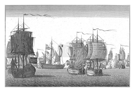 Foto de Fin de la batalla naval en Dogger Bank, 1781, Georg Mathaus Probst, después de A. Rooland, después de Mathias de Sallieth, 1782 - 1788 Los barcos holandeses e ingleses después de la batalla naval en Dogger Bank. - Imagen libre de derechos