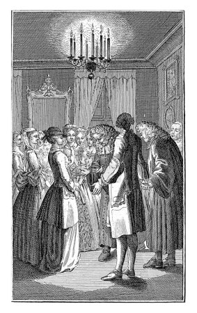 Téléchargez les photos : Deux ministres reçus par les dames de l'intérieur le soir, Barent de Bakker, d'après Daniel Nikolaus Chodowiecki, 1782, gravé vintage. - en image libre de droit