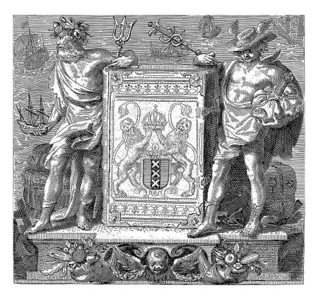 Téléchargez les photos : Marque déposée avec Mercure et Neptune et les armoiries d'Amsterdam, Johannes Arnoldus Boland, après anonyme, c. 1860 - c. 1900 - en image libre de droit