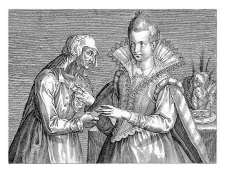 Foto de Manos de anciana Carta a la joven, Crispijn van de Passe (I), después de Jacques Bellange, 1574 - 1637 Una vieja casamentera entrega a una joven mujer elegantemente vestida una carta de un amante. - Imagen libre de derechos