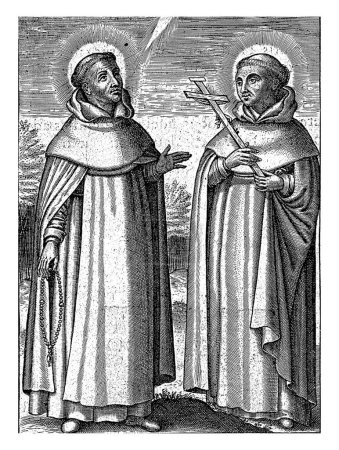 San Juan y San Andrés, Martin Baes, 1618 Página de un libro con San Juan y San Andrés. Ambos en hábito dominicano. Juan lleva un rosario, Andrés un crucifijo.