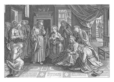 Foto de María y los apóstoles llorando a Cristo, anónimos, después de Jan van der Straet, 1646 En el centro de una sala de estar están los apóstoles, María y varias mujeres. - Imagen libre de derechos