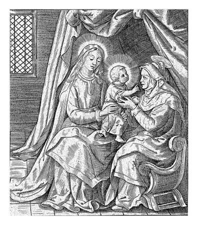 Foto de Anna te Drieen, Hieronymus Wierix, 1563 - antes de 1620 La Virgen está sentada con el Niño Jesús en su regazo. El Niño se acerca a Anna, que está sentada en una silla cerca de ellos. - Imagen libre de derechos
