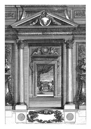 Téléchargez les photos : Porte donnant sur la deuxième porte, Franz Ertinger, d'après Jean Lepautre, après 1657 - avant 1678 À côté de la porte se trouvent des colonnes corinthiennes et de longs piédestaux avec un buste. - en image libre de droit
