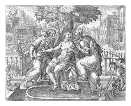 Téléchargez les photos : Susanna et les anciens, Crispijn van de Passe (I) (peut-être), d'après Crispijn van de Passe (I), 1574-1637 Susanna est touchée par deux anciens en se baignant. Elle essaie de les repousser.. - en image libre de droit