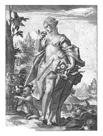Foto de Sabor, Nicolaes Jansz. Reloj, después de Hendrick Goltzius, 1596 La personificación femenina del gusto. Ella está medio desnuda y lleva algunas frutas y verduras en su mano izquierda. - Imagen libre de derechos