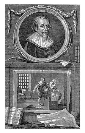 Photo for Portrait of Hugo de Groot and his escape in a book box, Reinier Vinkeles, after Jacobus Buys, 1795 - 1798 Portrait of the jurist Hugo de Groot with his escape in a book box from Slot Loevestein below. - Royalty Free Image