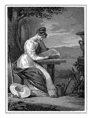 Téléchargez les photos : Femme avec un dessin à une table dans un paysage, Philippus Velijn, d'après Jan Adam Kruseman, 1828 Une femme est assise à une table dans un paysage, tenant une feuille de papier avec une image dans sa main. - en image libre de droit