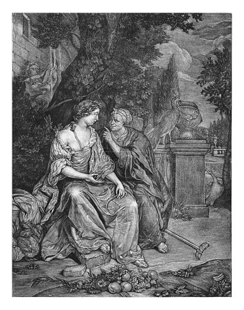 Photo for Vertumnus and Pomona, Jan Brouwer, after Thomas van der Wilt, 1688 Vertumnus, the Italian god and protector of gardens and orchards, and Pomona sit on a bench under a tree. - Royalty Free Image
