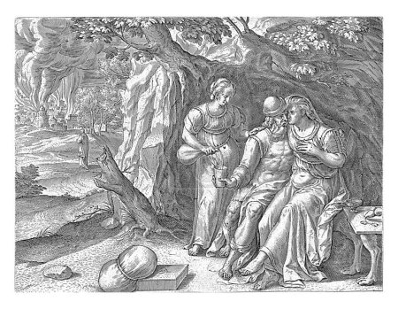 Foto de Lot y sus hijas, Frans Menton, 1596 - 1643 Lot se sienta en una cueva junto a una de sus hijas. Su otra hija vierte su copa llena de vino. En el fondo el fuego de las ciudades de Sodoma - Imagen libre de derechos