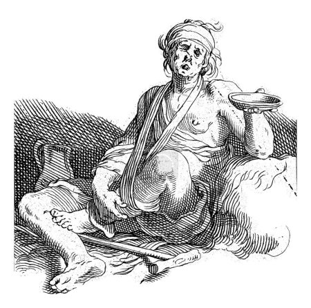 Foto de Sentado, mendigo lisiado, Frederick Bloemaert, después de Abraham Bloemaert, después de 1635 - 1669 Un mendigo sentado, lisiado sosteniendo un cuenco vacío. Con leyenda latina. - Imagen libre de derechos