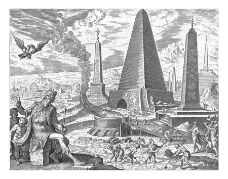 Pyramids of Egypt, Philip Galle. In the background Egyptian pyramids and obelisks. Slaves scoop clay from the river, which is then baked into bricks for construction in a fiery furnace.