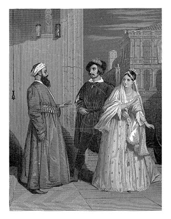 Foto de Paisaje urbano con árabe y hombre con mujer, Dirk Jurriaan Sluyter, 1849 Un hombre árabe se dirige a una pareja occidental. La dama retrocede de él. - Imagen libre de derechos