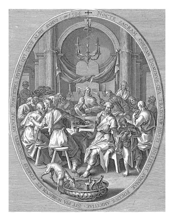 Téléchargez les photos : Dernière Cène, Crispijn van de Passe (I), après Joos van Winghe, 1594 Christ et ses disciples s'assoient autour d'une table. Le Christ tient le pain et fait un geste de bénédiction. - en image libre de droit