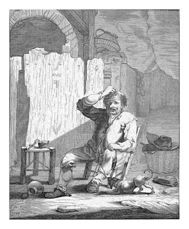Foto de The Feeling: Hombre con un golpe en la cabeza, Abraham de Blois, después de Andries Both, 1679 - 1717 Un hombre harapiento se sienta en un banco frente a una puerta de madera. - Imagen libre de derechos